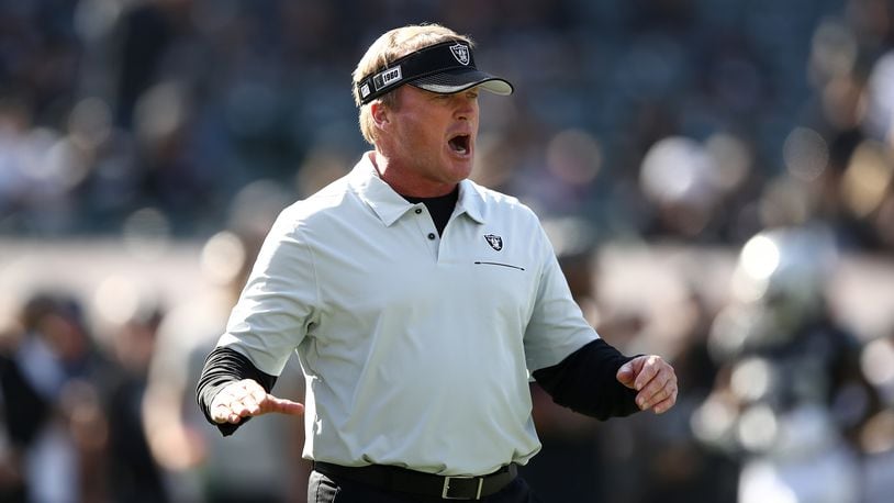 OAKLAND, CALIFORNIA - NOVEMBER 03: Head coach Jon Gruden of the Oakland Raiders stands on the field before their game against the Detroit Lions at RingCentral Coliseum on November 03, 2019 in Oakland, California. (Photo by Ezra Shaw/Getty Images)