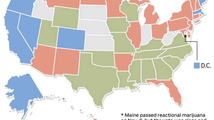 U.S. map showing states with legalized marijuana