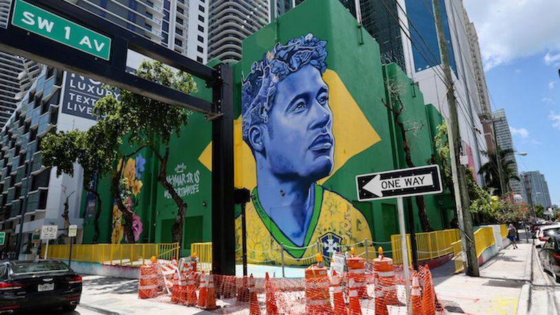 Mural of Brazilian soccer star Neymar on corner of SW 1st Avenue and 8th Street in Miami on June 6, 2018. (C.M. Guerrero/Miami Herald/TNS)