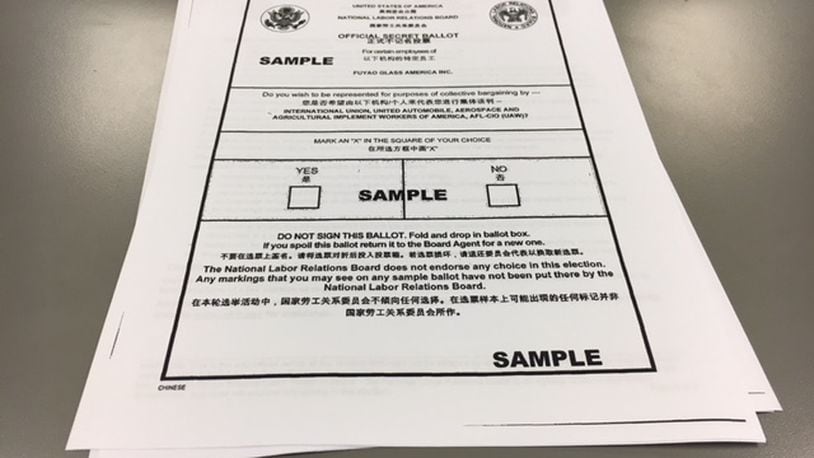 A sample of the ballot Fuyao workers will see starting Wednesday, with dual languages. THOMAS GNAU/STAFF