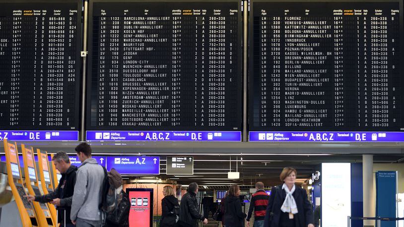 FRANKFURT AM MAIN, GERMANY - NOVEMBER 06: A display panel at Frankfurt Airport shows flights of the German airline Lufthansa. (Photo by Thomas Lohnes/Getty Images)