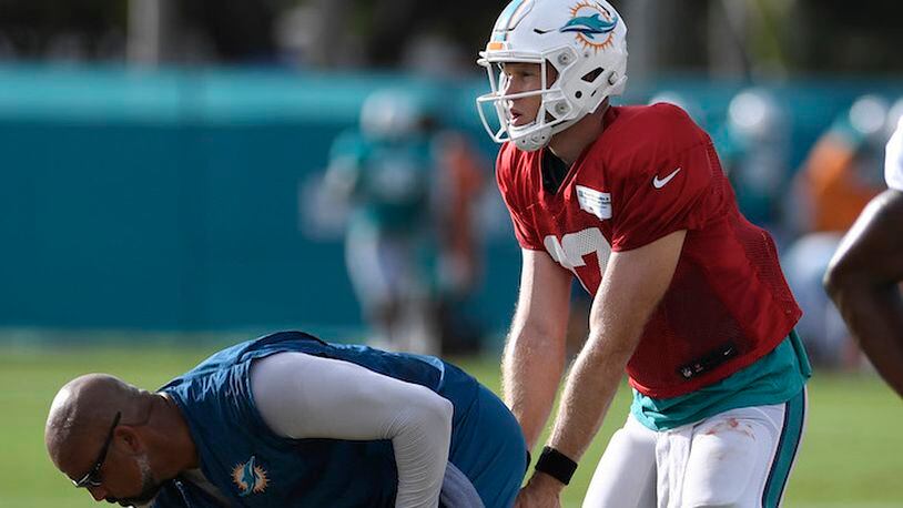 Miami Dolphins quarterback Ryan Tannehill during training camp on Thursday, Aug. 3, 2017 before he suffered an injury during padded practice in Davie, Fla. (Taimy Alvarez/Sun Sentinel/TNS)