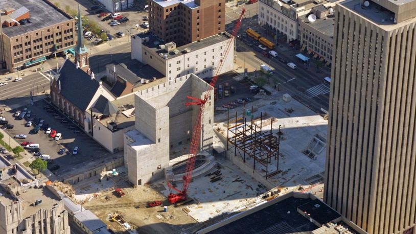 4-25-01  --  More steel structure is rising from the ground at the Schuster Performing Arts Center in the heart of downtown Dayton as seen in this aerial view.