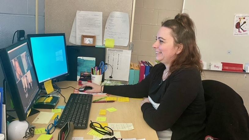 Amanda Gant, an intervention specialist at Virginia Stevenson Elementary in Mad River Schools, handles an online learning session Thursday, April 15. Contributed photo / Jenny Alexander