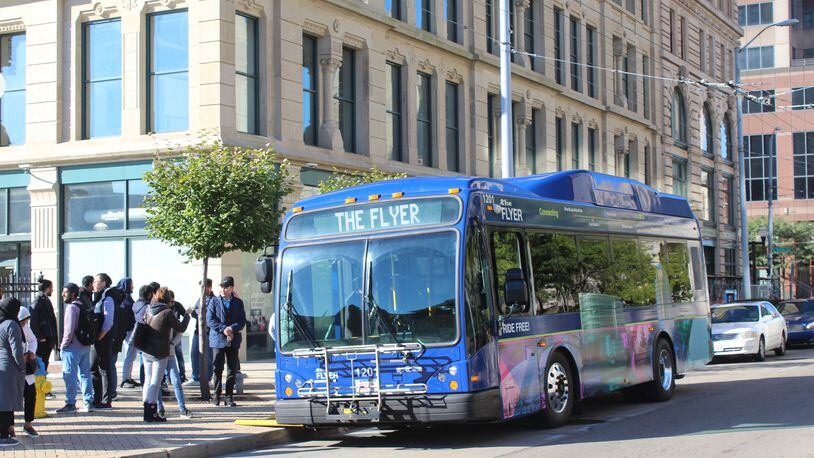 The Greater Dayton Regional Transit Authority’s new free shuttle service, called the Flyer, will launch Nov. 9. The service will make getting around downtown a lot easier, as well as and traveling between the University of Dayton and the heart of the city. CORNELIUS FROLIK / STAFF