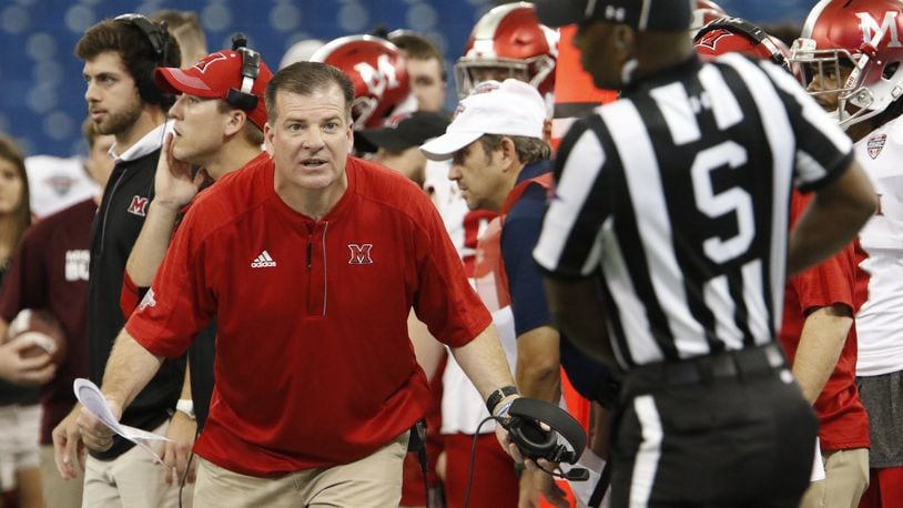 ST. PETERSBURG, FL - DECEMBER 26: Head coach Chuck Martin of the Miami (Oh) Redhawks looks to an official for an explanation on a call during the fourth quarter against the Mississippi State Bulldogs in the St. Petersburg Bowl at Tropicana Field on December 26, 2016, in St. Petersburg, Florida. (Photo by Joseph Garnett, Jr. /Getty Images)