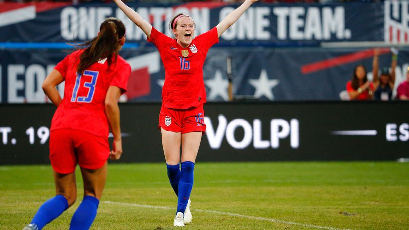 ST LOUIS, MO - MAY 16: Rose Lavelle #16 of the United States celebrates after scoring a goal against New Zealand at Busch Stadium on May 16, 2019 in St Louis, Missouri. (Photo by Dilip Vishwanat/Getty Images)