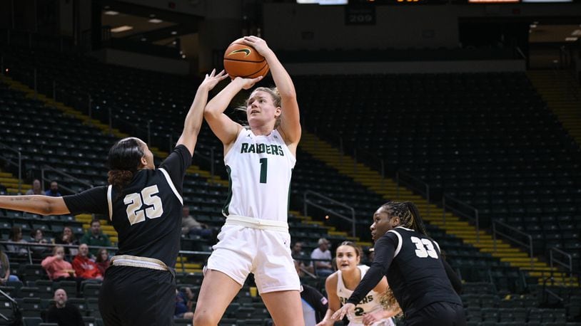 Wright State's Isabelle Bolender puts up a shot vs. Oakland at the Nutter Center on Feb. 23, 2023. Wright State Athletics photo