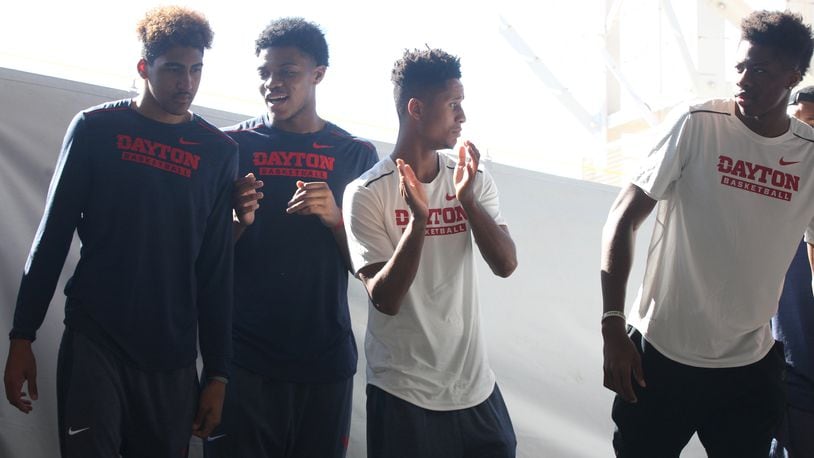 Dayton’s Obadiah Toppin, Jordan Pierce, Darrell Davis and Kostas Antetokounmpo are introduced at a basketball fan fest on Saturday, Oct. 14, 2017, at Welcome Stadium in Dayton.