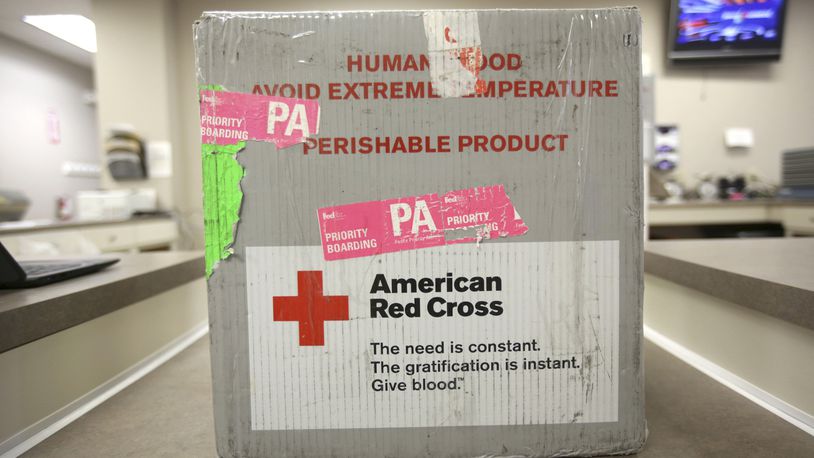 Blood is cooled in a transportation case at The American Red Cross donation center in Scranton, Pa., on Monday, March 9, 2020. (Jake Danna Stevens/The Times-Tribune via AP)