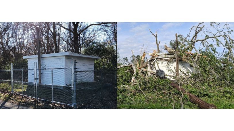 A discharge of untreated wastewater into the Stillwater River was caused by a power outage and tornado damage to two Montgomery County sewer system lift stations, including this one shown in before and after photos provided by Montgomery County.