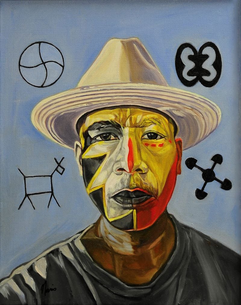 Morris Howard was inspired to create Under My Skin, an oil on canvas painting by what he learned about himself through DNA analysis.  His work is on display at the Dayton Main Library as part of an exhibition organized by the Guild of African American Visual Artists.  PHOTO COURTESY OF THE AFRICAN AMERICAN VISUAL ARTISTS GUILD