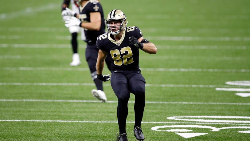 New Orleans Saints tight end Adam Trautman (82) during an NFL football game against the Tampa Bay Buccaneers, Sunday, Sept. 13, 2020, in New Orleans. (AP Photo/Tyler Kaufman)