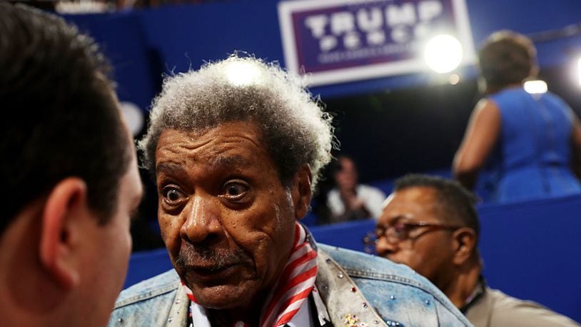 CLEVELAND, OH - JULY 20: American boxing promoter Don King speaks with radio show host Alex Jones during the third day of the Republican National Convention on July 20, 2016 at the Quicken Loans Arena in Cleveland, Ohio. Republican presidential candidate Donald Trump received the number of votes needed to secure the party’s nomination. An estimated 50,000 people are expected in Cleveland, including hundreds of protesters and members of the media. The four-day Republican National Convention kicked off on July 18. (Photo by John Moore/Getty Images)