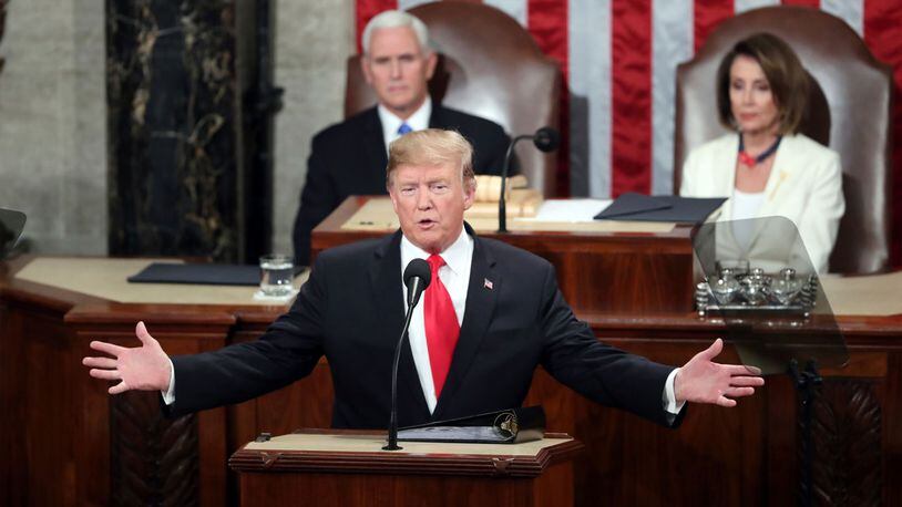 President Donald Trump makes his State of the Union speech Tuesday, Feb. 5, 2019, as Vice President Mike Pence and Speaker of the House Nancy Pelosi look on.