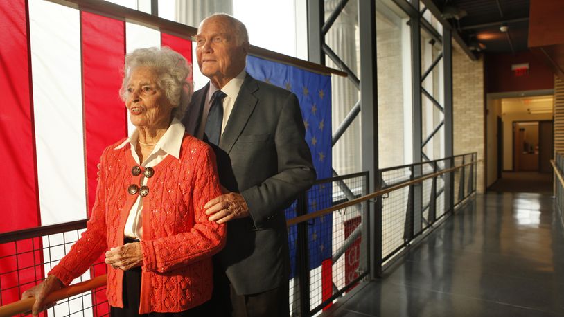 John and Annie Glenn in a walkway inside the John Glenn School of Public Affairs on the Ohio State University campus in 2011. Staff Photo by Jim Witmer