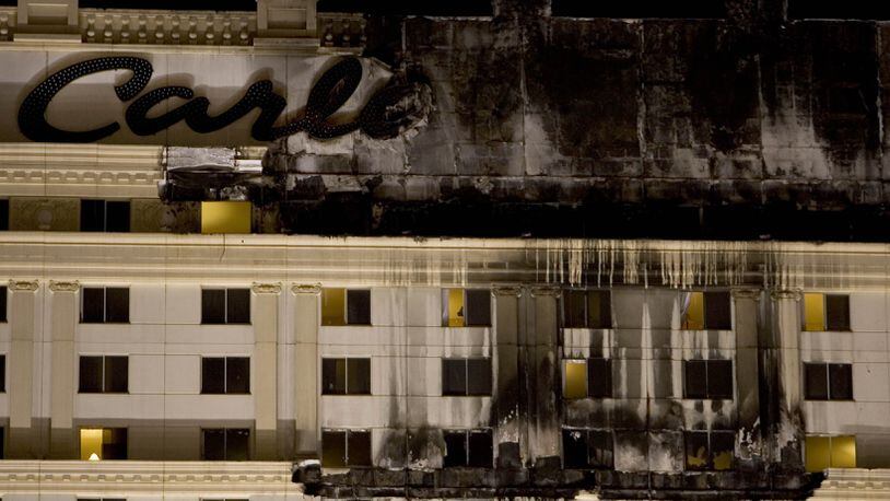 The Monte Carlo hotel along the Strip in Las Vegas shows the scar of an early morning fire on January 25, 2008. (Robert Durell/Los Angeles Times/TNS)