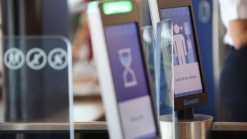 A biometric facial recognition screening machine in a British Airways international gate on Tuesday, April 24, 2018 at the Orlando International Airport. (Ricardo Ramirez Buxeda/Orlando Sentinel/TNS)