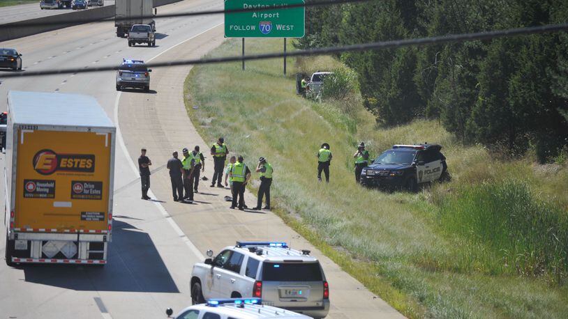 A Huber Heights police officer was injured when it was struck during a pursuit involving the Ohio State Highway Patrol on westbound Interstate 70 on Thursday, Aug. 20, 2020.