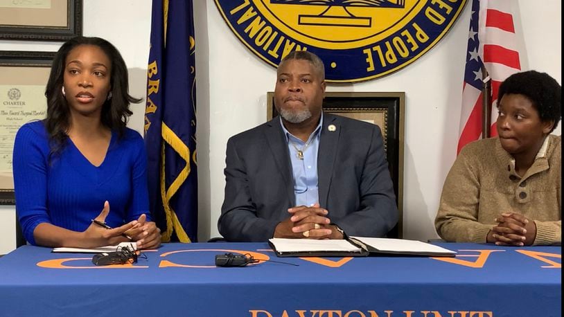 Kayelin Tiggs, Derrick Foward, and Latisha Lashay of the Dayton NAACP at a press conference Tuesday evening talk about menstrual equity in prisons per House Bill 743.