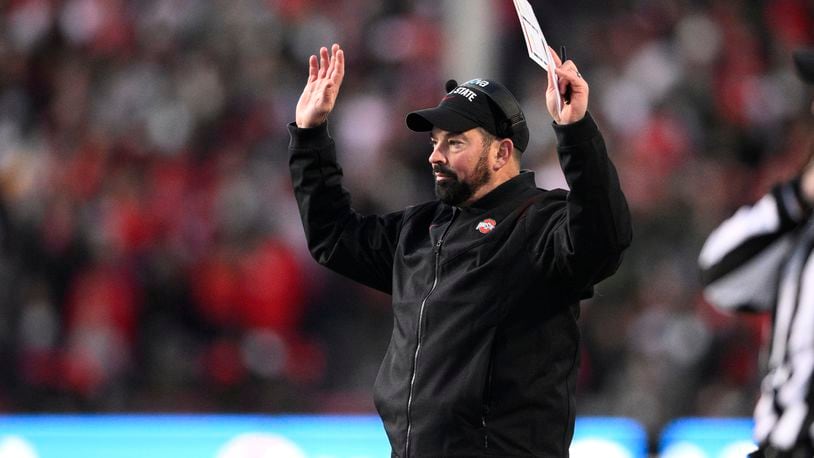 Ohio State head coach Ryan Day gestures during the first half of an NCAA college football game against Maryland, Saturday, Nov. 19, 2022, in College Park, Md. (AP Photo/Nick Wass)