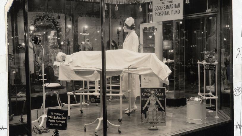 A department store window display at Rike’s in downtown Dayton in 1928 encouraged residents to give toward the construction of Good Samaritan Hospital. CONTRIBUTED