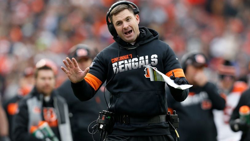 CLEVELAND, OH - DECEMBER 8: Head coach Zac Taylor of the Cincinnati Bengals argues a call with an official during the third quarter of the game against the Cleveland Browns at FirstEnergy Stadium on December 8, 2019 in Cleveland, Ohio. Cleveland defeated Cincinnati 27-19. (Photo by Kirk Irwin/Getty Images)