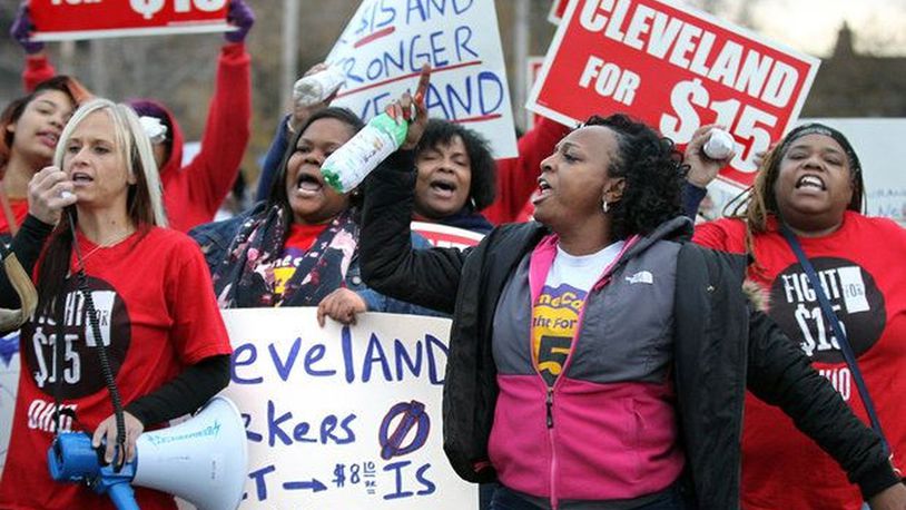 Groups have been lobbying for raising the minimum wage to $15 for years. The members of Raise Up Cleveland along with the Service Employees International Union Local 1199 held a rally in 2016 in front of a McDonald’s fast-food restaurant. (Lisa DeJong, The Plain Dealer)