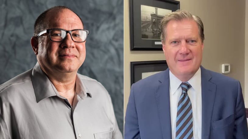 The candidates for the 10th Congressional District seat in the November 2022 election are David Esrati (left) and incumbent Mike Turner (right).