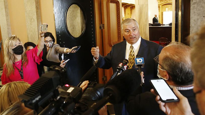 FILE — This Sept. 1, 2020 file photo shows former Ohio House Speaker Larry Householder talking to the media outside of the House of Representatives in the Ohio Statehouse, in Columbus, Ohio. (Fred Squillante/The Columbus Dispatch via AP)
