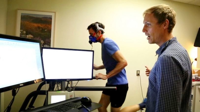 Dr. Mikael Mattsson, the lead investigator for the ELITE study, monitors the workout of Mikal Davis, a national-class duathlete from Redwood City at Stanford Medical Center in Stanford, Calif. on April, 25, 2017. Mattsson uses the treadmill test to identify athletes with freakishly high VO2 max scores, which indicate superior cardiovascular function. (Courtney Cronin/Bay Area News Group/TNS)