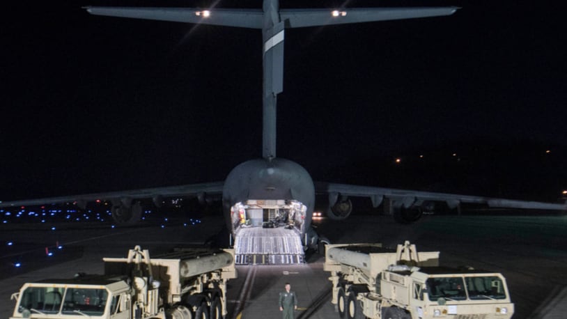A truck carrying parts of U.S. missile launchers and other equipment needed to set up the Terminal High Altitude Area Defense (THAAD) missile defense system arrive at the Osan base, South Korea.