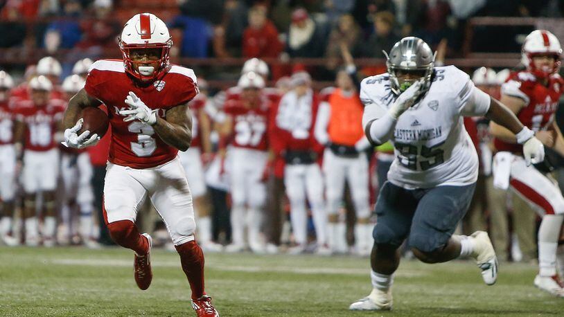 OXFORD, OH - NOVEMBER 15: Kenny Young #3 of the Miami Ohio Redhawks runs into the endzone for a touchdown against the Eastern Michigan Eagles during the first half at Yager Stadium on November 15, 2017 in Oxford, Ohio. (Photo by Michael Reaves/Getty Images)