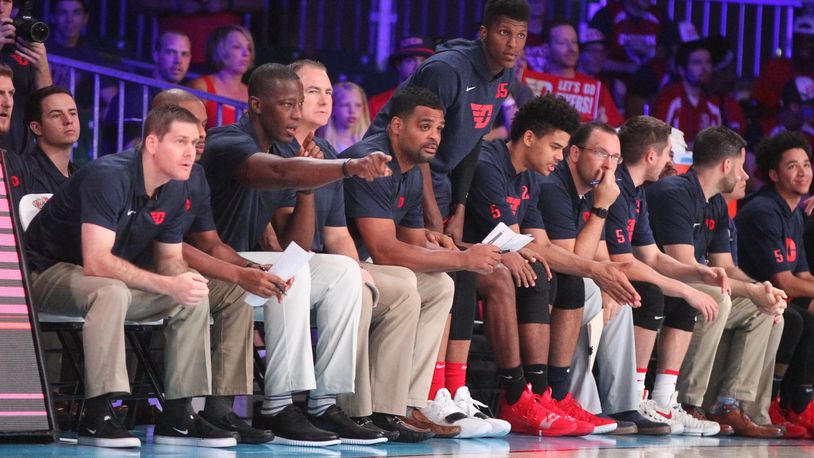 Dayton’s Anthony Grant, third from left, and his staff coach during a game against Oklahoma in the Battle 4 Atlantis on Friday, Nov. 23, 2018, on Paradise Island, Bahamas. David Jablonski/Staff