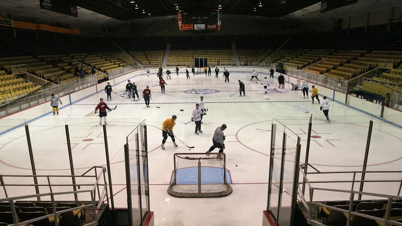 Professional hockey returned to Hara Arena with an exhibition game between the Dayton Gems and Toledo Walleye. Here, the Gems practiced. Photo: Chris Stewart, staff