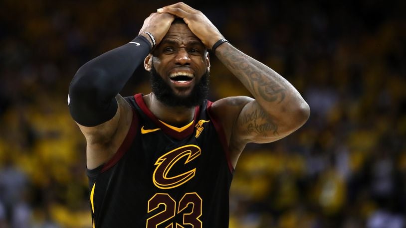 OAKLAND, CA - MAY 31: LeBron James #23 of the Cleveland Cavaliers reacts against the Golden State Warriors in Game 1 of the 2018 NBA Finals at ORACLE Arena on May 31, 2018 in Oakland, California. (Photo by Ezra Shaw/Getty Images)