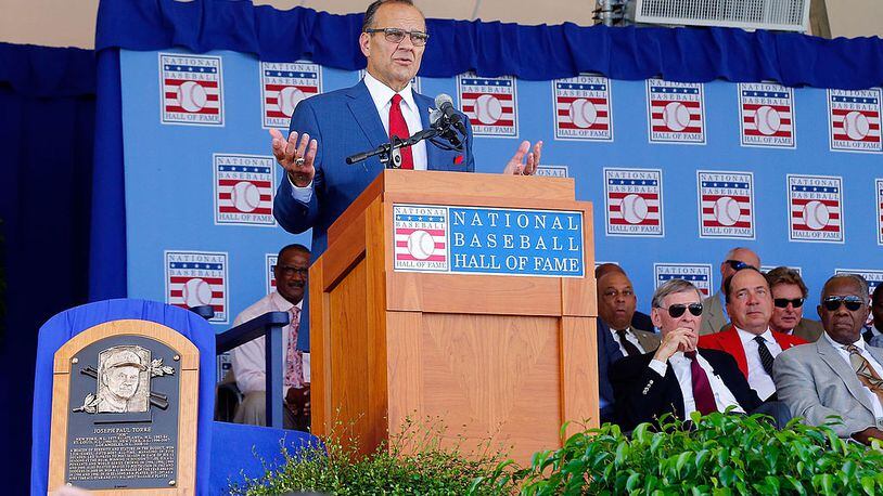 COOPERSTOWN, NY - JULY 27: Inductee Joe Torre gives his speech at Clark Sports Center during the Baseball Hall of Fame induction ceremony on July 27, 2014 in Cooperstown, New York. Torre managed for 29 seasons with 2,326 victories and led the New York Yankees to six American League pennants and four World Series titles. (Photo by Jim McIsaac/Getty Images)