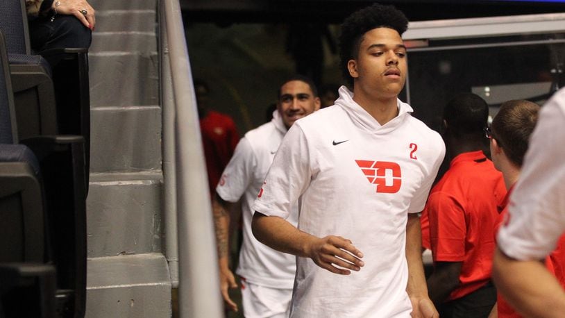 Dayton's Frankie Policelli runs onto the court before a game against North Florida on Nov. 7, 2018, at UD Arena.