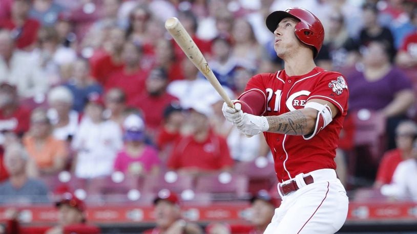 CINCINNATI, OH - JUNE 30: Michael Lorenzen #21 of the Cincinnati Reds hits a grand slam home run while pinch hitting in the seventh inning against the Milwaukee Brewers at Great American Ball Park on June 30, 2018 in Cincinnati, Ohio. (Photo by Joe Robbins/Getty Images)