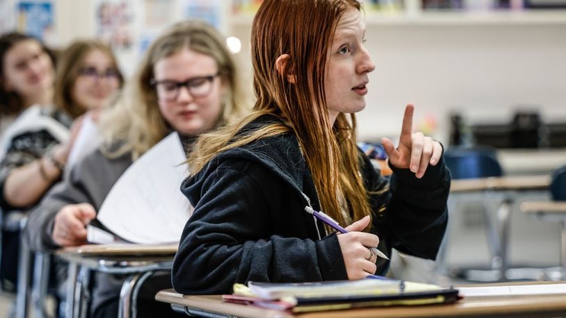 2022-2023 Springboro High School senior, Bailey Wallace, right, answers a question in senior English class in this file photo taken Thursday Sept. 15, 2022. Springboro schools scored five stars on its overall rating. JIM NOELKER/STAFF