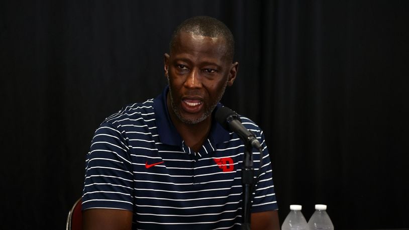 Dayton coach Anthony Grant speaks at a press conference where the Hoops Classic game between UD and Cincinnati was announced on Wednesday, July 19, 2023, at the Heritage Bank Center in Cincinnati. The Flyers and Bearcats will play at the arena on Dec. 16. David Jablonski/Staff