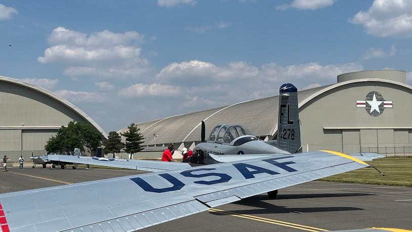 Two of the T-34s that landed at the National Museum of the US Air Force Friday. THOMAS GNAU/STAFF