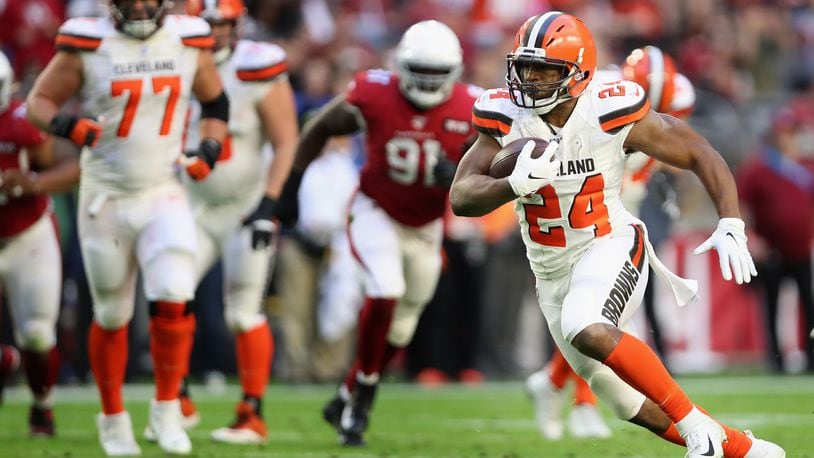 Running back Nick Chubb #24 of the Cleveland Browns rushes the football against the Arizona Cardinals during the first half of the NFL game at State Farm Stadium on December 15, 2019 in Glendale, Arizona. The Cardinals defeated the Browns 38-24. (Photo by Christian Petersen/Getty Images)