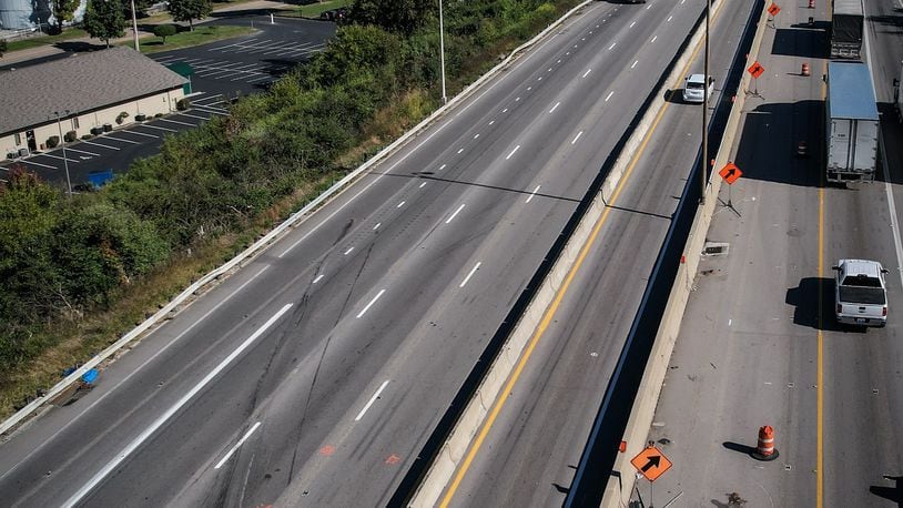Skid marks on Interstate 75 shows where a Montgomery County Sheriff's vehicle was involved in a multiple-vehicle crash Monday morning, Oct. 3, 2022, on Interstate 75 South that killed a jail inmate and injured a deputy and three other inmates picking up litter along the highway. JIM NOELKER/STAFF