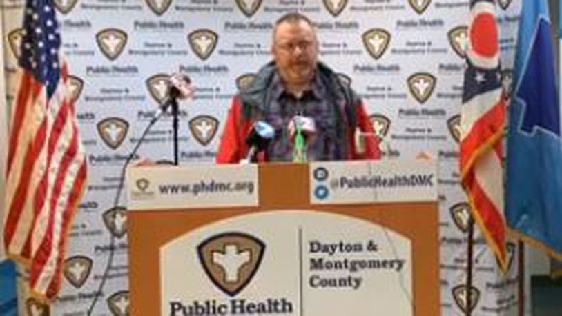 Michael Vanderburgh, executive director of St. Vincent de Paul, speaks during the Public Health - Dayton & Montgomery County daily press conference Friday, March 27, 2020, about concerns with the area's homeless during the coronavirus pandemic.