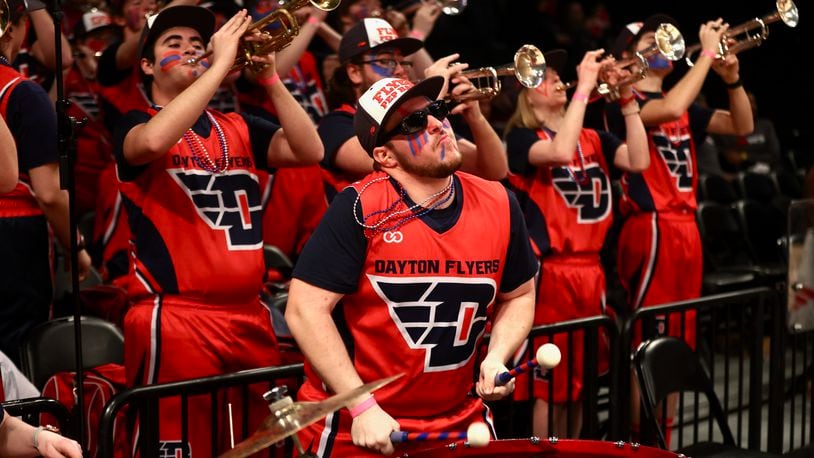 The Flyer Pep Band plays before Dayton's game against Saint Joseph’s in the quarterfinals of the Atlantic 10 Conference tournament on Thursday, March 9, 2023, at the Barclays Center in Brooklyn, N.Y. David Jablonski/Staff