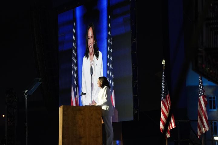 Vice President-elect Kamala Harris speaks in Wilmington, Del., on Saturday night, Nov. 7, 2020. (Erin Schaff/The New York Times)