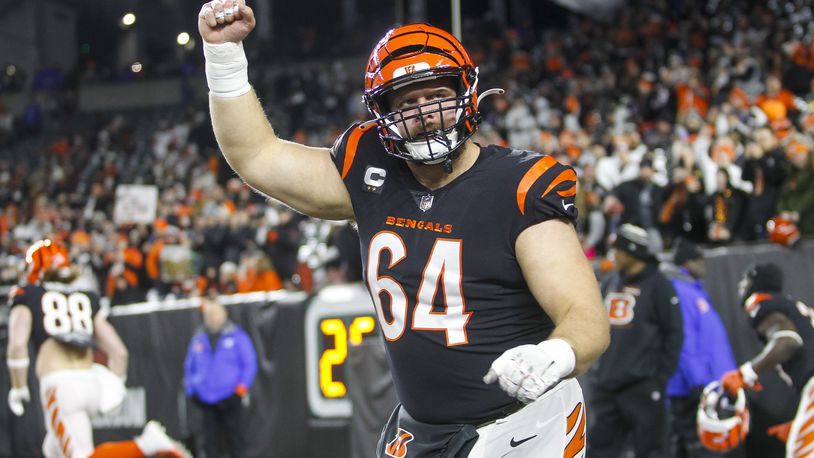 Bengals center Ted Karras runs onto the field before the Cincinnati Bengals defeated the Baltimore Ravens 24-17 in their Wild Card playoff game Sunday, Jan. 15, 2023 at Paycor Stadium in Cincinnati. NICK GRAHAM/STAFF