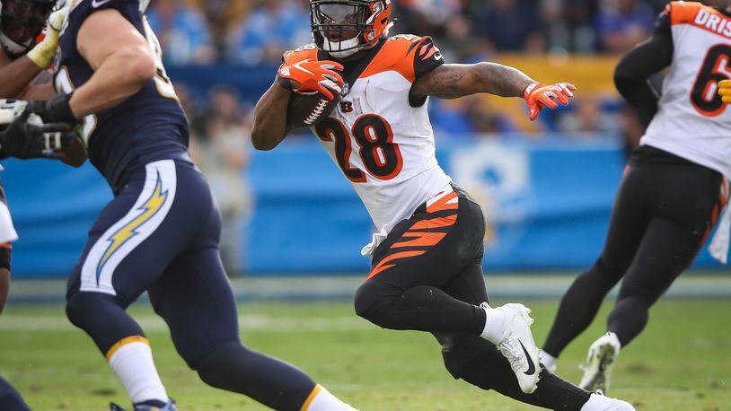 CARSON, CA - DECEMBER 09: Running back Joe Mixon #28 of the Cincinnati Bengals runs in the second quarter against the Los Angeles Chargers at StubHub Center on December 9, 2018 in Carson, California. (Photo by Sean M. Haffey/Getty Images)