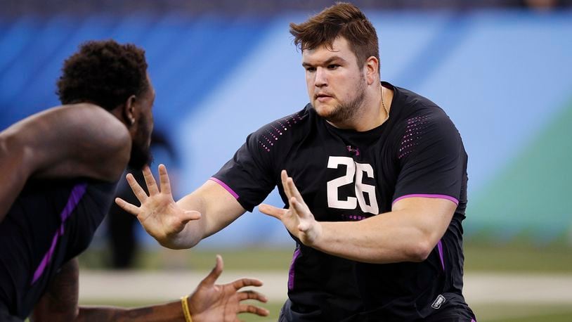 INDIANAPOLIS, IN - MARCH 02: Notre Dame offensive lineman Quenton Nelson in action during the 2018 NFL Combine at Lucas Oil Stadium on March 2, 2018 in Indianapolis, Indiana. (Photo by Joe Robbins/Getty Images)